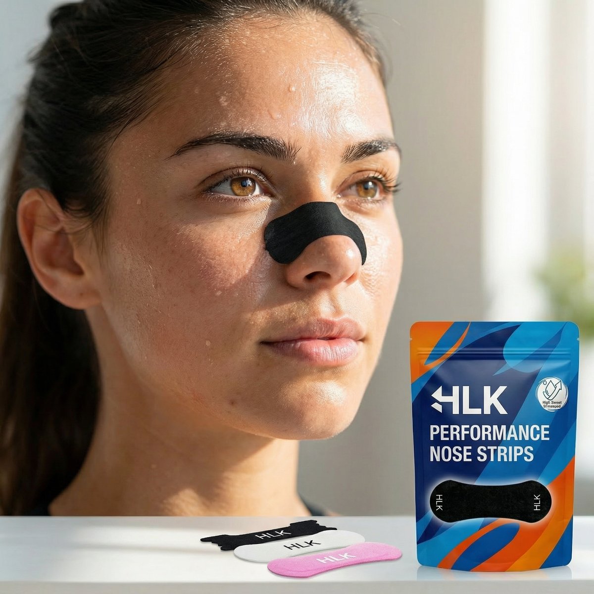 Woman sleeping better with HLK classic nasal strips — lifestyle photography