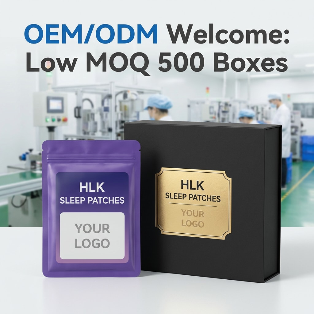 Sleep patch product examples: printed carton, round tin, sheet of patches and a single patch