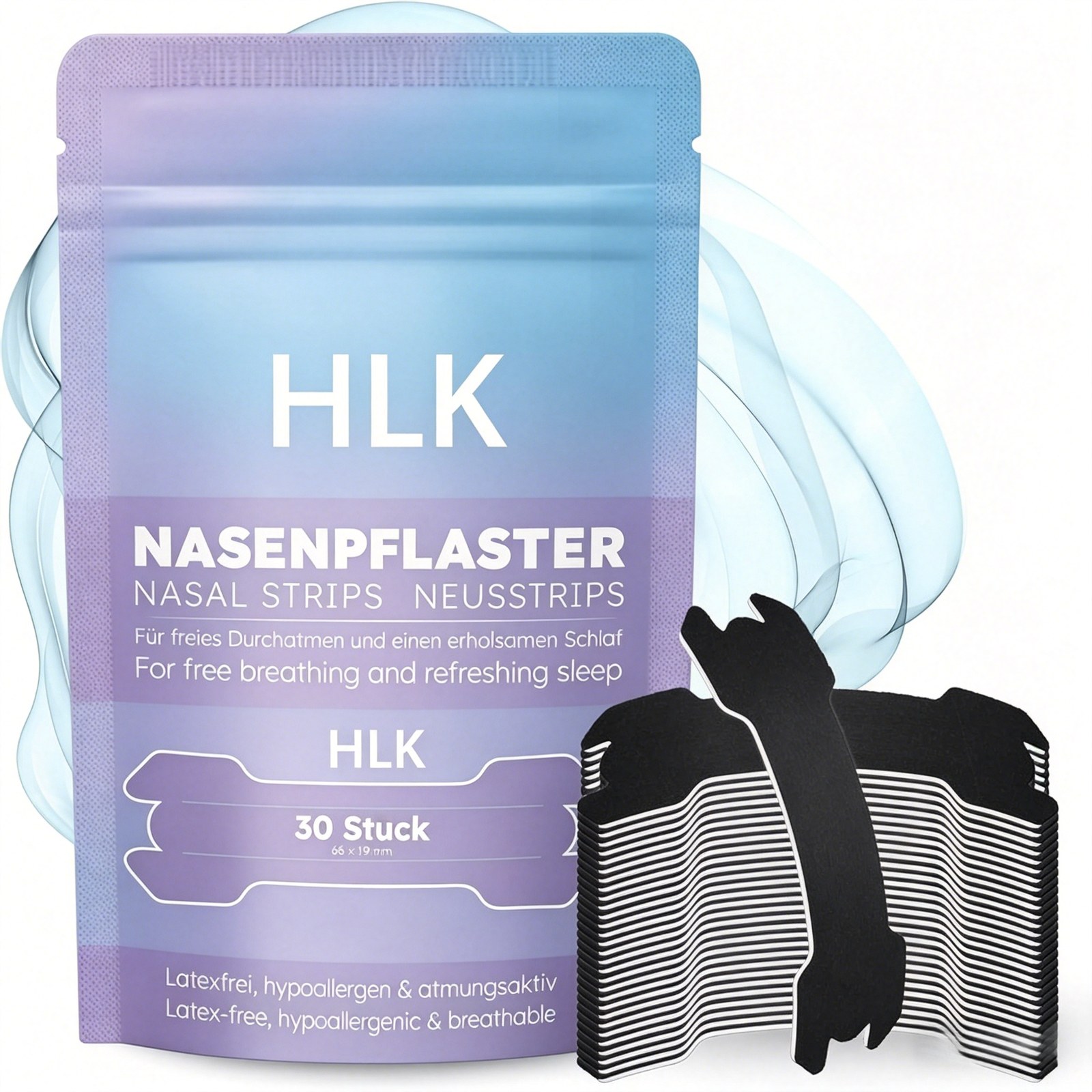 HLK Classic Nasal Strips — 30-piece Nasenpflaster retail pack, 66×19mm large adult fit, latex-free and hypoallergenic