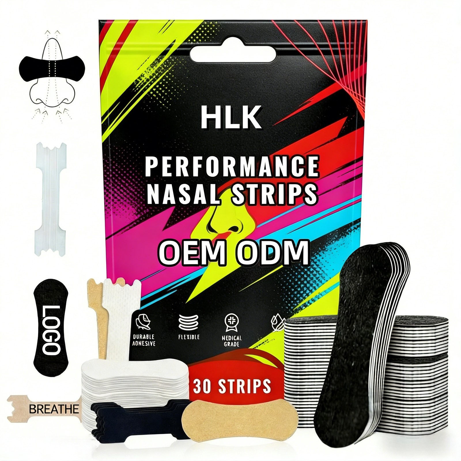 HLK Performance Nasal Strips — durable adhesive, flexible, medical grade, with custom LOGO placement